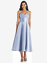 Front View Thumbnail - Sky Blue Tie-Neck Halter Full Skirt Satin Midi Dress