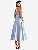 Rear View Thumbnail - Sky Blue Tie-Neck Halter Full Skirt Satin Midi Dress