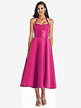Front View Thumbnail - Think Pink Tie-Neck Halter Full Skirt Satin Midi Dress