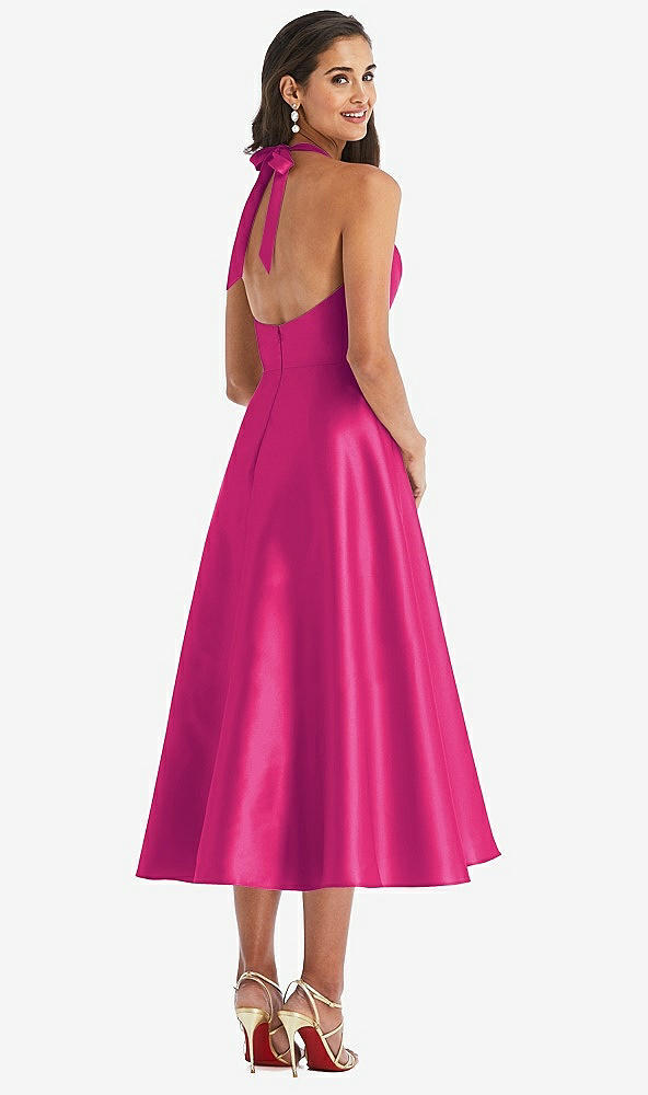 Back View - Think Pink Tie-Neck Halter Full Skirt Satin Midi Dress