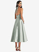 Rear View Thumbnail - Willow Green Tie-Neck Halter Full Skirt Satin Midi Dress