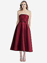 Front View Thumbnail - Burgundy Strapless Bow-Waist Full Skirt Satin Midi Dress