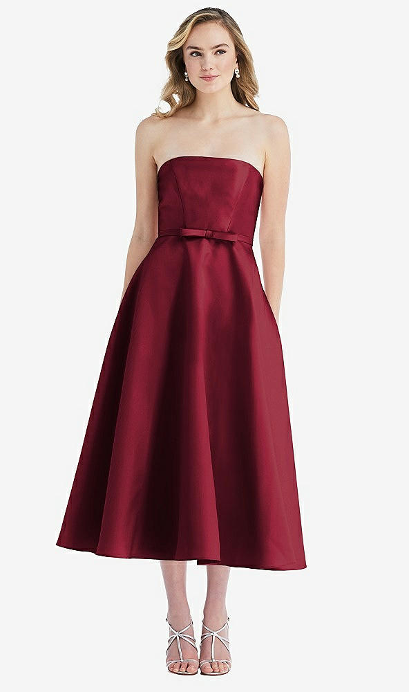 Front View - Burgundy Strapless Bow-Waist Full Skirt Satin Midi Dress