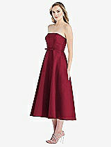 Side View Thumbnail - Burgundy Strapless Bow-Waist Full Skirt Satin Midi Dress