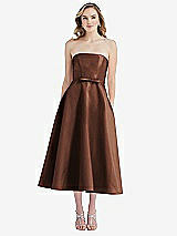 Front View Thumbnail - Cognac Strapless Bow-Waist Full Skirt Satin Midi Dress