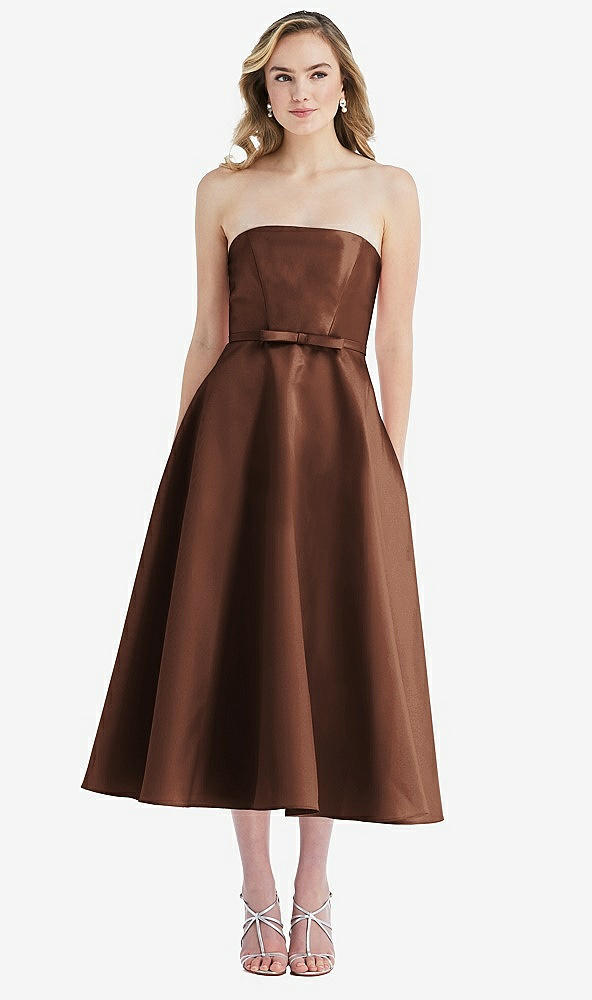 Front View - Cognac Strapless Bow-Waist Full Skirt Satin Midi Dress