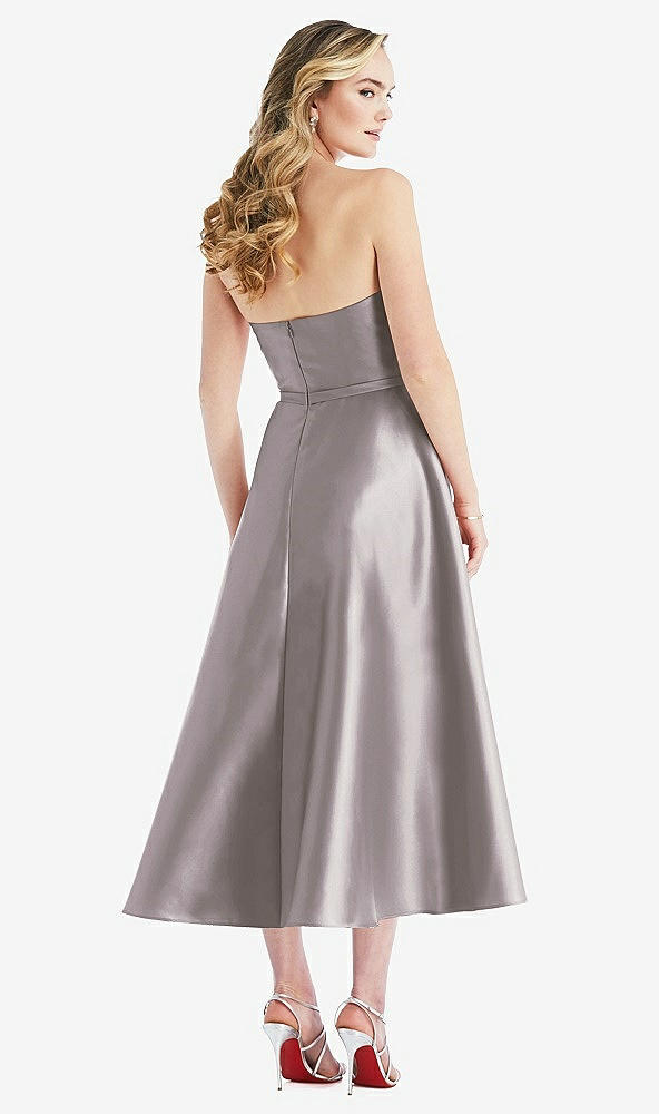 Back View - Cashmere Gray Strapless Bow-Waist Full Skirt Satin Midi Dress