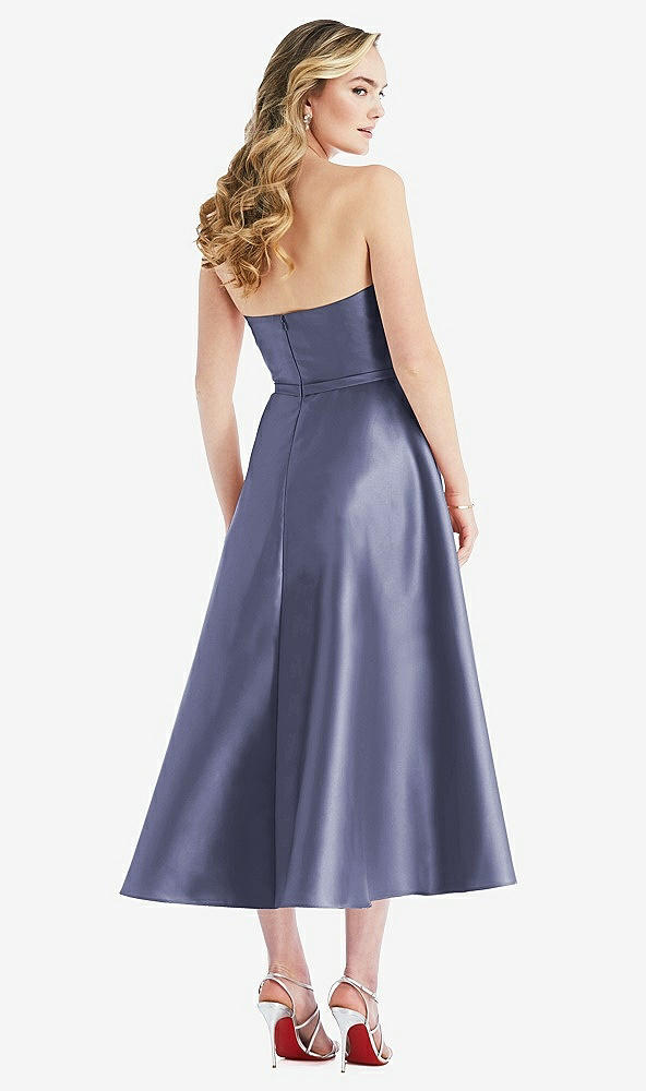 Back View - French Blue Strapless Bow-Waist Full Skirt Satin Midi Dress