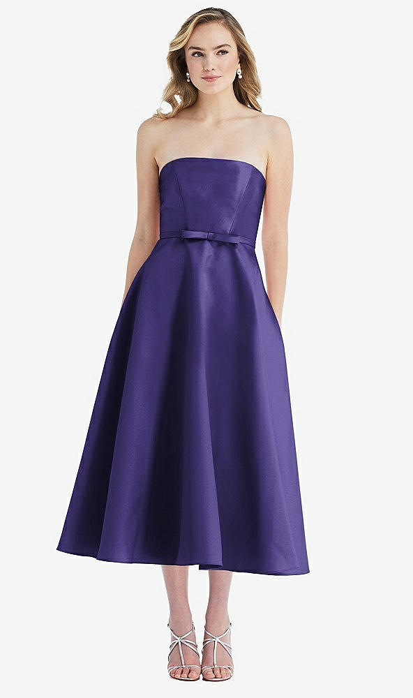 Front View - Grape Strapless Bow-Waist Full Skirt Satin Midi Dress