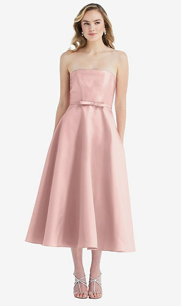 Front View - Rose - PANTONE Rose Quartz Strapless Bow-Waist Full Skirt Satin Midi Dress