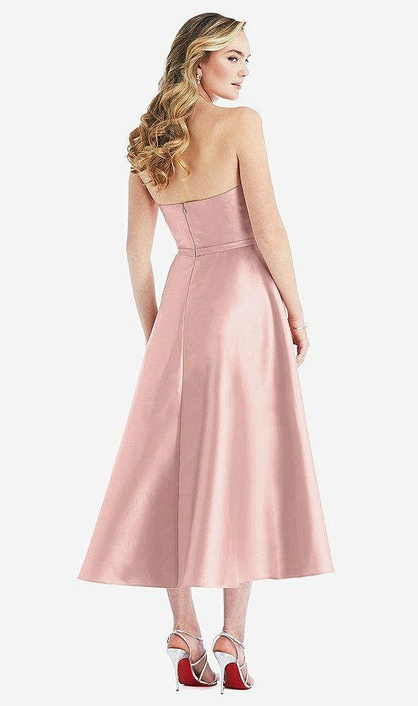 Back View - Rose - PANTONE Rose Quartz Strapless Bow-Waist Full Skirt Satin Midi Dress