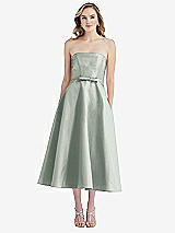 Front View Thumbnail - Willow Green Strapless Bow-Waist Full Skirt Satin Midi Dress