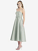 Side View Thumbnail - Willow Green Strapless Bow-Waist Full Skirt Satin Midi Dress