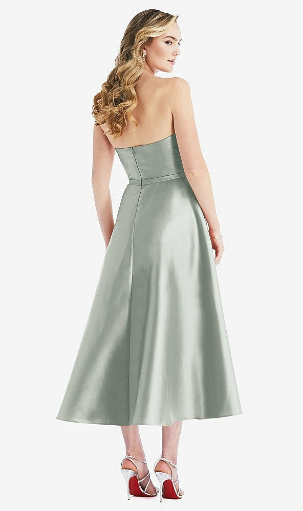 Back View - Willow Green Strapless Bow-Waist Full Skirt Satin Midi Dress