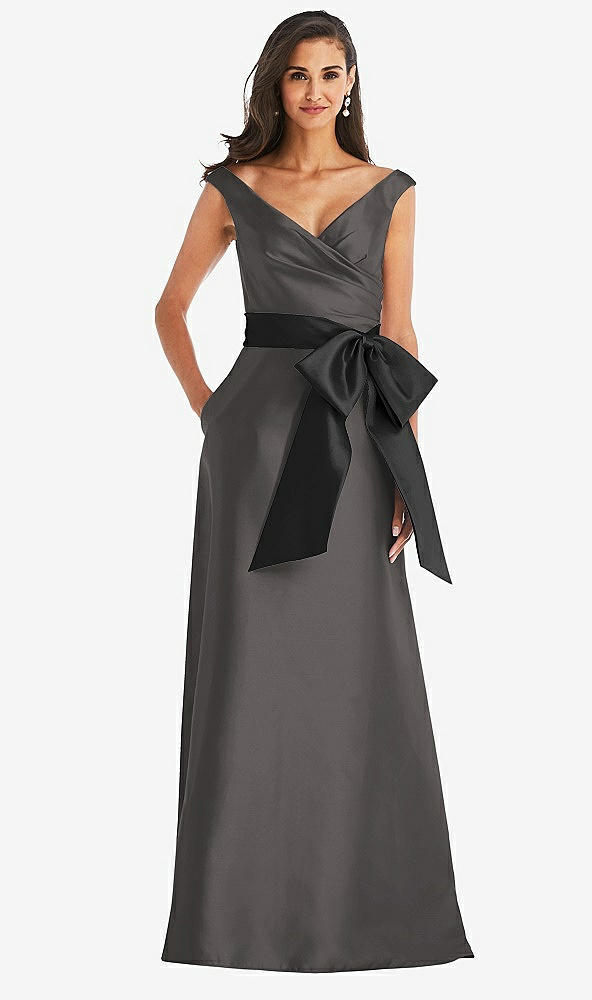 Front View - Caviar Gray & Black Off-the-Shoulder Bow-Waist Maxi Dress with Pockets