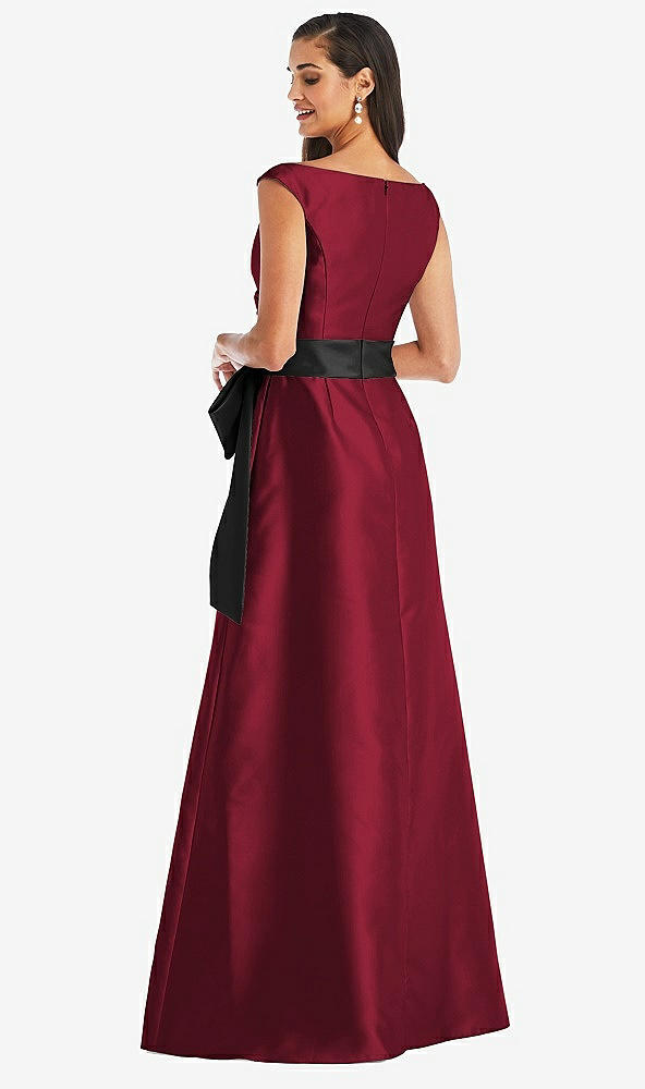 Back View - Burgundy & Black Off-the-Shoulder Bow-Waist Maxi Dress with Pockets