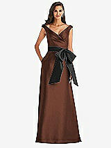 Front View Thumbnail - Cognac & Black Off-the-Shoulder Bow-Waist Maxi Dress with Pockets