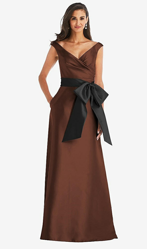 Front View - Cognac & Black Off-the-Shoulder Bow-Waist Maxi Dress with Pockets