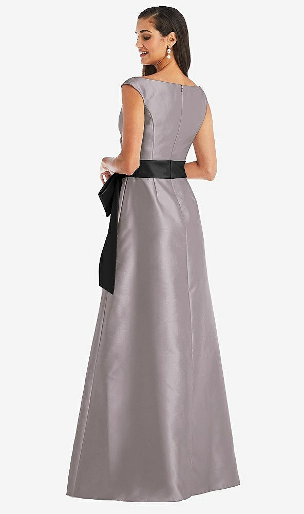 Back View - Cashmere Gray & Black Off-the-Shoulder Bow-Waist Maxi Dress with Pockets
