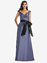 Front View Thumbnail - French Blue & Black Off-the-Shoulder Bow-Waist Maxi Dress with Pockets