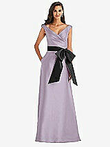 Front View Thumbnail - Lilac Haze & Black Off-the-Shoulder Bow-Waist Maxi Dress with Pockets