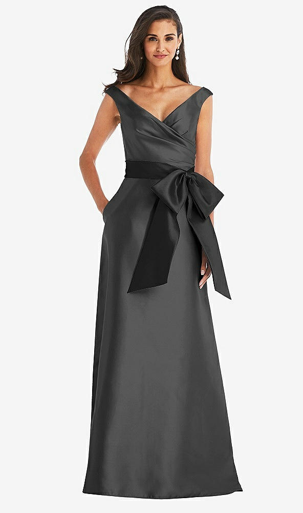 Front View - Pewter & Black Off-the-Shoulder Bow-Waist Maxi Dress with Pockets