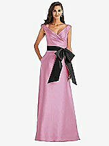 Front View Thumbnail - Powder Pink & Black Off-the-Shoulder Bow-Waist Maxi Dress with Pockets