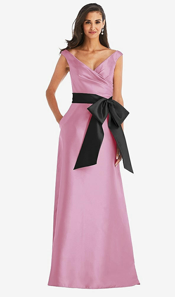Front View - Powder Pink & Black Off-the-Shoulder Bow-Waist Maxi Dress with Pockets