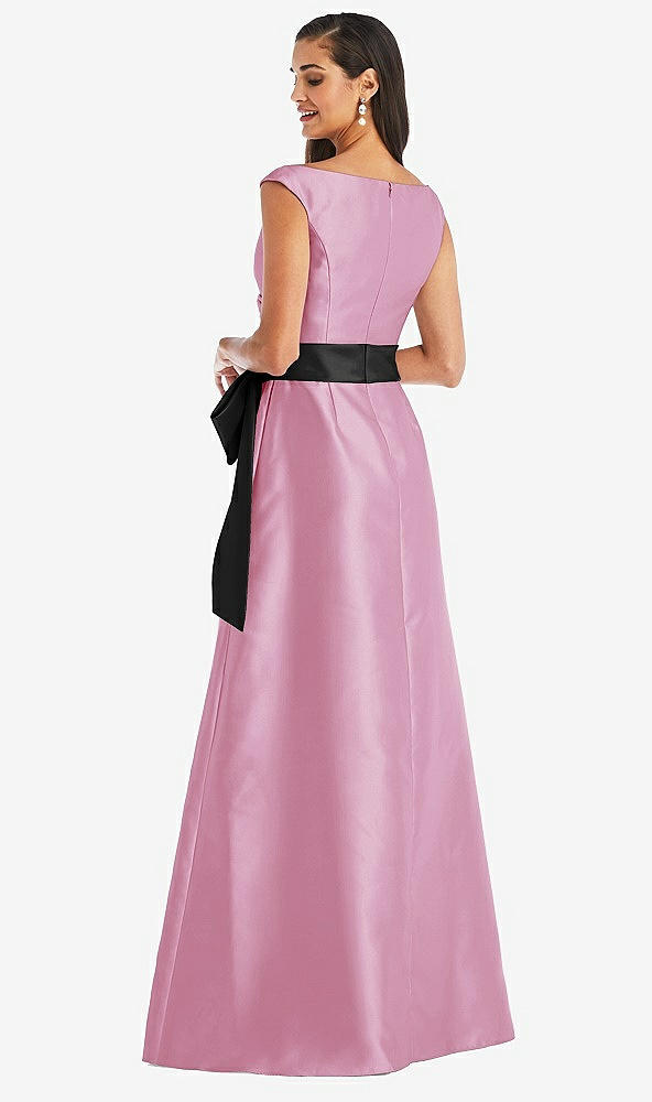 Back View - Powder Pink & Black Off-the-Shoulder Bow-Waist Maxi Dress with Pockets