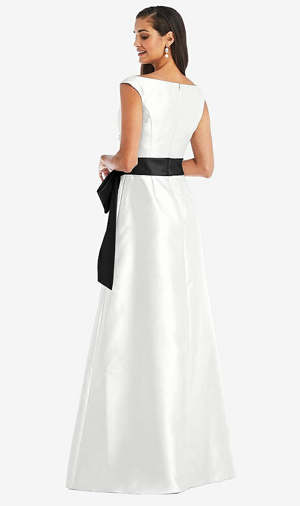 Back View - White & Black Off-the-Shoulder Bow-Waist Maxi Dress with Pockets