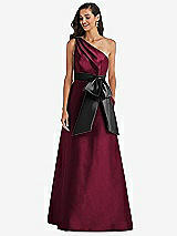 Front View Thumbnail - Cabernet & Black One-Shoulder Bow-Waist Maxi Dress with Pockets