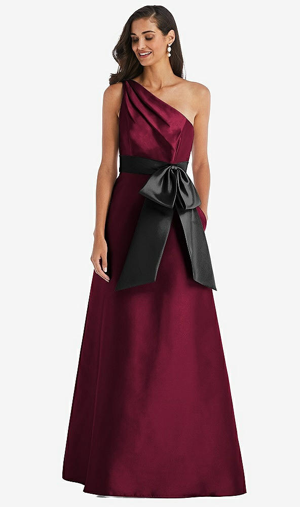 Front View - Cabernet & Black One-Shoulder Bow-Waist Maxi Dress with Pockets