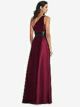 Rear View Thumbnail - Cabernet & Black One-Shoulder Bow-Waist Maxi Dress with Pockets