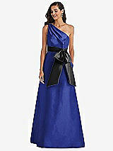 Front View Thumbnail - Cobalt Blue & Black One-Shoulder Bow-Waist Maxi Dress with Pockets