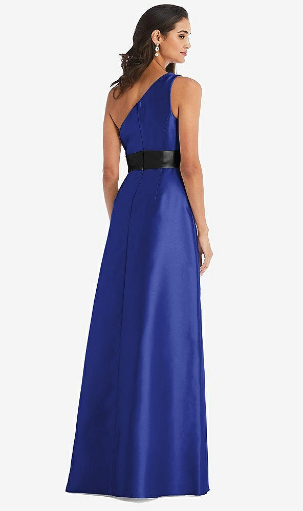 Back View - Cobalt Blue & Black One-Shoulder Bow-Waist Maxi Dress with Pockets
