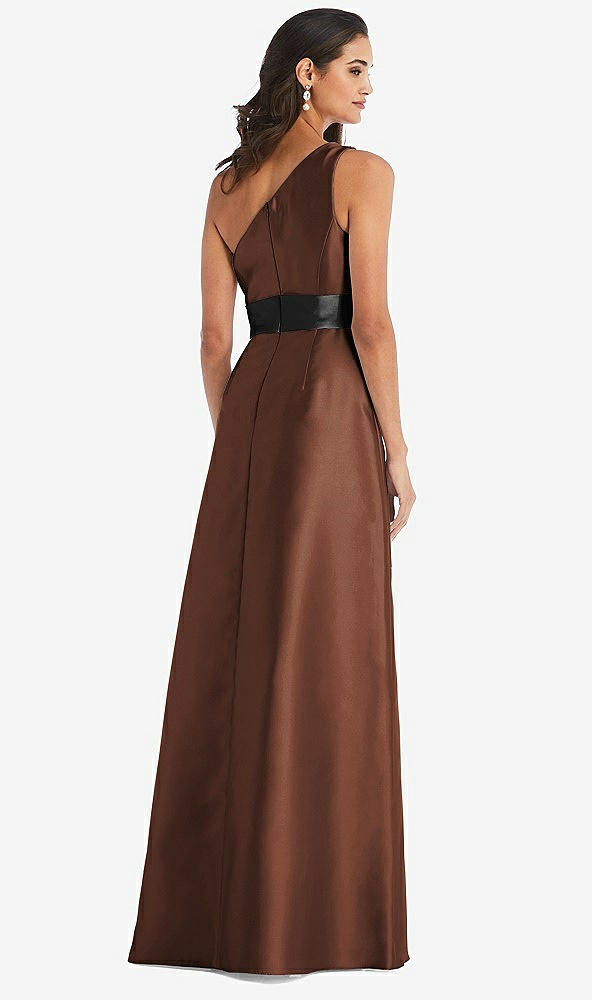 Back View - Cognac & Black One-Shoulder Bow-Waist Maxi Dress with Pockets