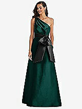 Front View Thumbnail - Evergreen & Black One-Shoulder Bow-Waist Maxi Dress with Pockets