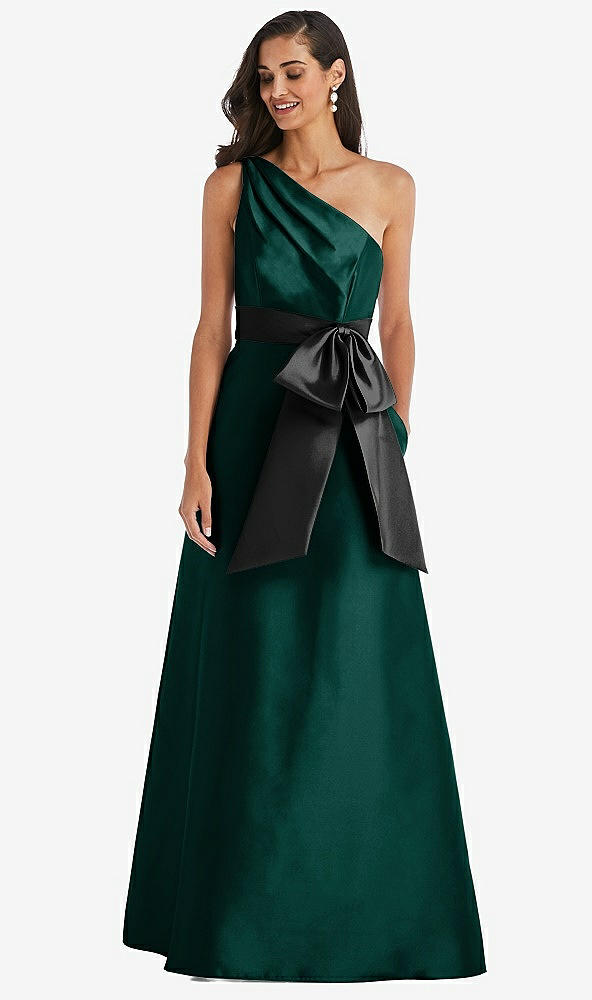 Front View - Evergreen & Black One-Shoulder Bow-Waist Maxi Dress with Pockets