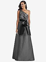 Front View Thumbnail - Gunmetal & Black One-Shoulder Bow-Waist Maxi Dress with Pockets