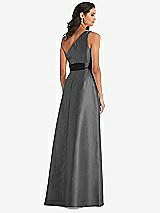 Rear View Thumbnail - Gunmetal & Black One-Shoulder Bow-Waist Maxi Dress with Pockets