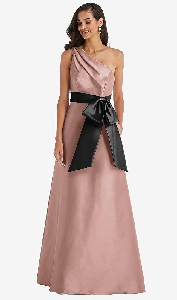 Front View - Neu Nude & Black One-Shoulder Bow-Waist Maxi Dress with Pockets