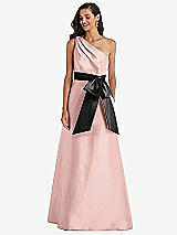 Front View Thumbnail - Rose - PANTONE Rose Quartz & Black One-Shoulder Bow-Waist Maxi Dress with Pockets