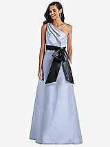 Front View Thumbnail - Sky Blue & Black One-Shoulder Bow-Waist Maxi Dress with Pockets