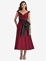Front View Thumbnail - Burgundy & Black Off-the-Shoulder Bow-Waist Midi Dress with Pockets