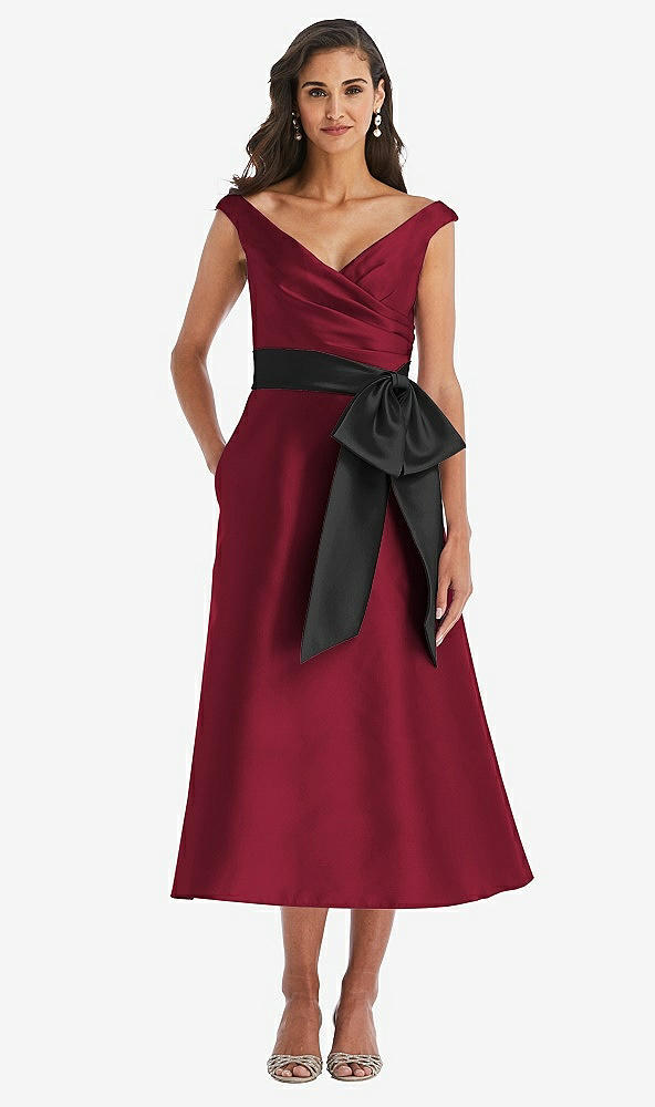 Front View - Burgundy & Black Off-the-Shoulder Bow-Waist Midi Dress with Pockets