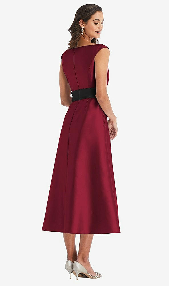 Back View - Burgundy & Black Off-the-Shoulder Bow-Waist Midi Dress with Pockets