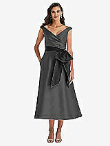 Front View Thumbnail - Pewter & Black Off-the-Shoulder Bow-Waist Midi Dress with Pockets