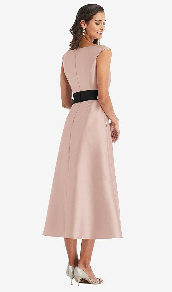 Back View - Toasted Sugar & Black Off-the-Shoulder Bow-Waist Midi Dress with Pockets