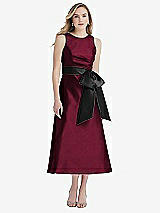 Front View Thumbnail - Cabernet & Black High-Neck Bow-Waist Midi Dress with Pockets