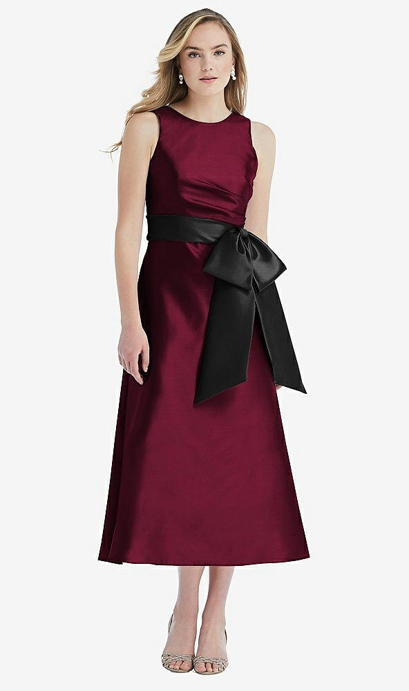 Front View - Cabernet & Black High-Neck Bow-Waist Midi Dress with Pockets